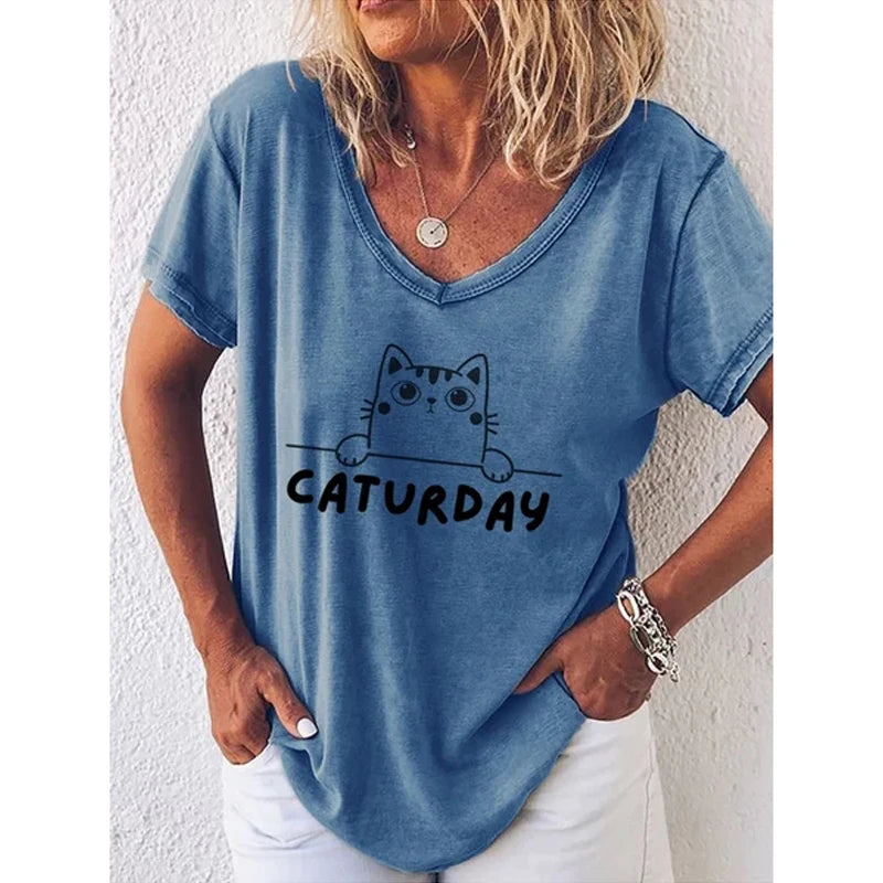 Fashion Woman Blouses 2022 T-shirt Women's 3d Cats Print Black Kawaii V-neck T Shirt Female Clothing Oversized Summer Tops Tees
