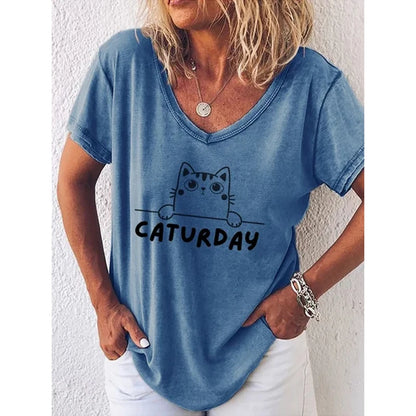 Fashion Woman Blouses 2022 T-shirt Women's 3d Cats Print Black Kawaii V-neck T Shirt Female Clothing Oversized Summer Tops Tees