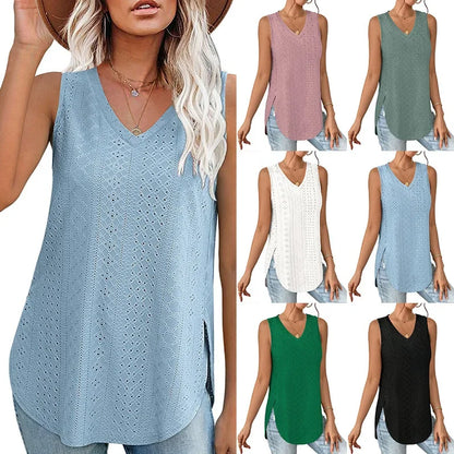 Spring Summer New Pure Color V-neck Slit T-shirt Vest Women Cross-Border Independent Station Sleeveless Polyester Fiber