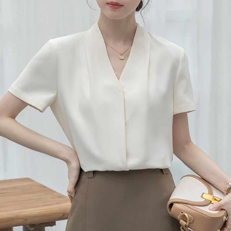 2025 Fashion Summer Short Sleeve V-Neck Women Blouse White Blouse Shirt Women Tops Blouses Shirts Blusas Para Mujer Camisas XL86