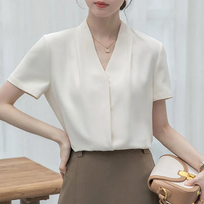 2025 Fashion Summer Short Sleeve V-Neck Women Blouse White Blouse Shirt Women Tops Blouses Shirts Blusas Para Mujer Camisas XL86