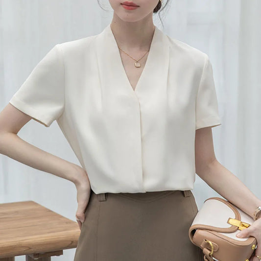 2025 Fashion Summer Short Sleeve V-Neck Women Blouse White Blouse Shirt Women Tops Blouses Shirts Blusas Para Mujer Camisas XL86