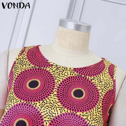 VONDA Bohemian Dress Women Printed Sleeveless Summer Sundress 2025 Loose Casual Ruffled Party Vestidos Oversized Mid-Calf Robe