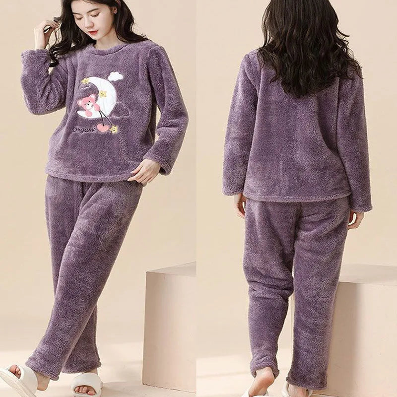 2PCS/Set Thickened Warm Fashion Autumn and Winter Pajamas Long-Sleeved Women Coral Velvet Cute Cartoon Grizzly Bear Comfortable