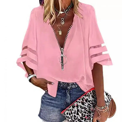 Women's Casual Loose V-neck Half-flat Sleeve Blouse 2025 Spring Summer Tops Streetwear Ladies Spliced zipper Solid Shirts