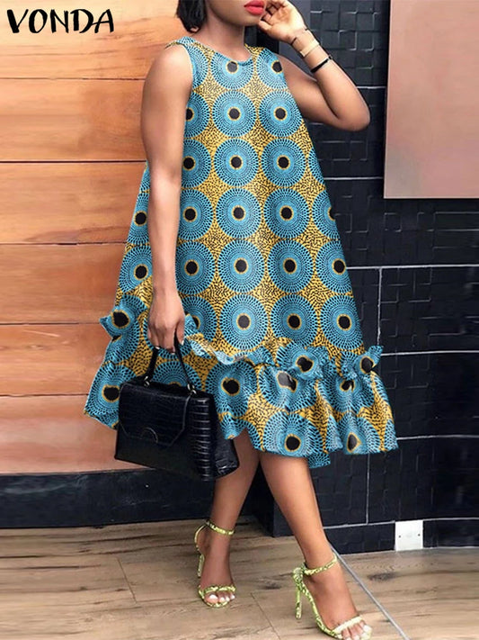 VONDA Bohemian Dress Women Printed Sleeveless Summer Sundress 2025 Loose Casual Ruffled Party Vestidos Oversized Mid-Calf Robe