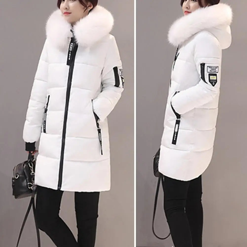 Warm Winter Coat Windproof Hooded Winter Cotton Coat with Zipper Pockets for Women Thickened Padded Mid Length Down Coat Warm