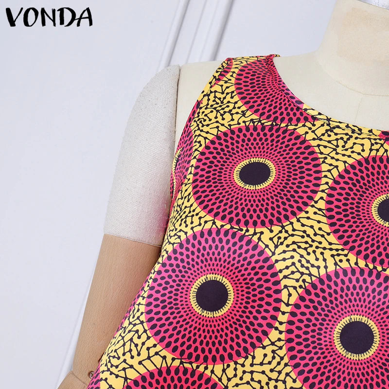 VONDA Bohemian Dress Women Printed Sleeveless Summer Sundress 2025 Loose Casual Ruffled Party Vestidos Oversized Mid-Calf Robe