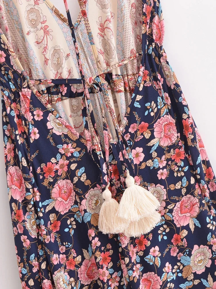 Happie Queens Women Wild Floral Open Back Sexy High-Low Beach Bohemian Dress Lady Tassel Strapless Vacation Summer Boho Dress