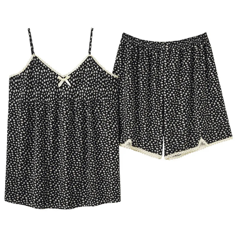 Fdfklak Sexy Sleepwear Set Women's Summer Pajamas Thin Suspenders V Neck Shirt Pant Suit Small Floral Modal Home Clothes M-3XL