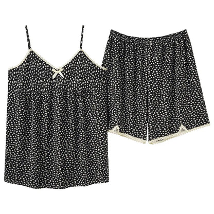 Fdfklak Sexy Sleepwear Set Women's Summer Pajamas Thin Suspenders V Neck Shirt Pant Suit Small Floral Modal Home Clothes M-3XL