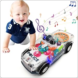 Light Up Transparent Gears Police Car Toy for Kids Bump and Go Toy Car for Boys Girl Educational Baby Toys Car Music LED Effects