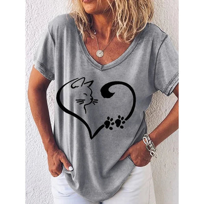Fashion Woman Blouses 2022 T-shirt Women's 3d Cats Print Black Kawaii V-neck T Shirt Female Clothing Oversized Summer Tops Tees