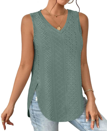 Spring Summer New Pure Color V-neck Slit T-shirt Vest Women Cross-Border Independent Station Sleeveless Polyester Fiber