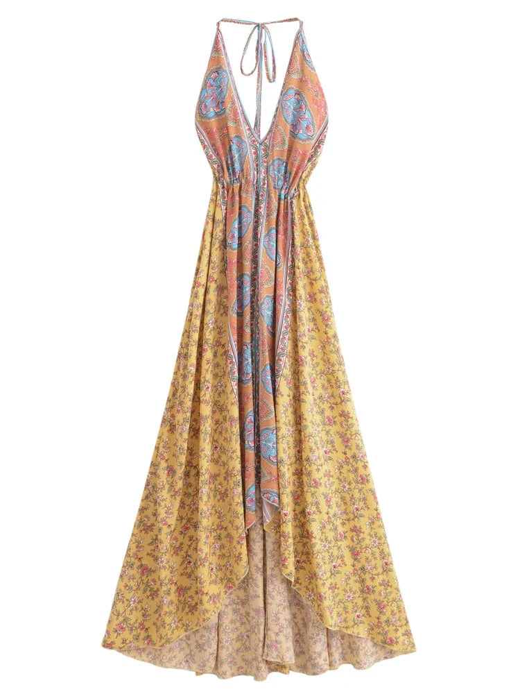 Happie Queens Women Wild Floral Open Back Sexy High-Low Beach Bohemian Dress Lady Tassel Strapless Vacation Summer Boho Dress
