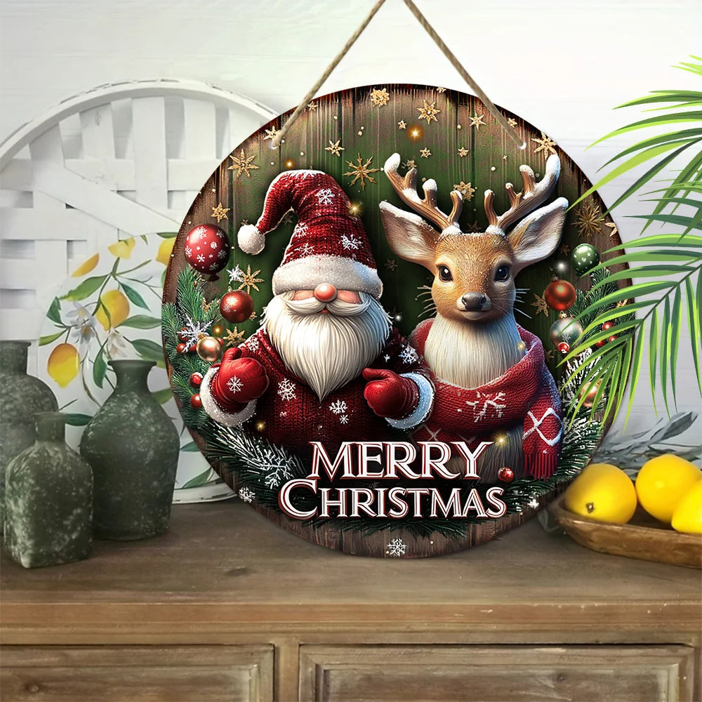 1pc Merry Christmas Santa Claus Reindeer Star Snowflake Bauble Xmas Wood Porch Wreath Flat Hanging Print Sign Painting Home