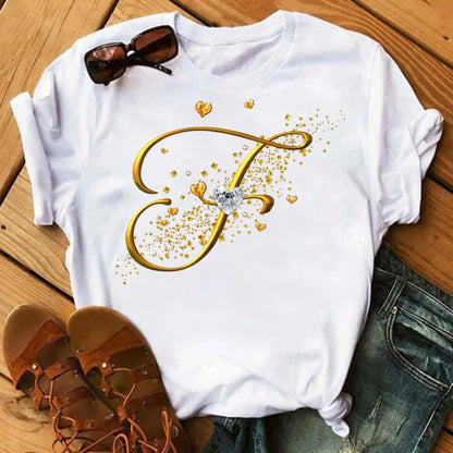 Custom Name Letter Combination Fashion Women T-shirt Diamond Gold Letter Font A B C D E F G Short Sleeve Tops Black T-shirt