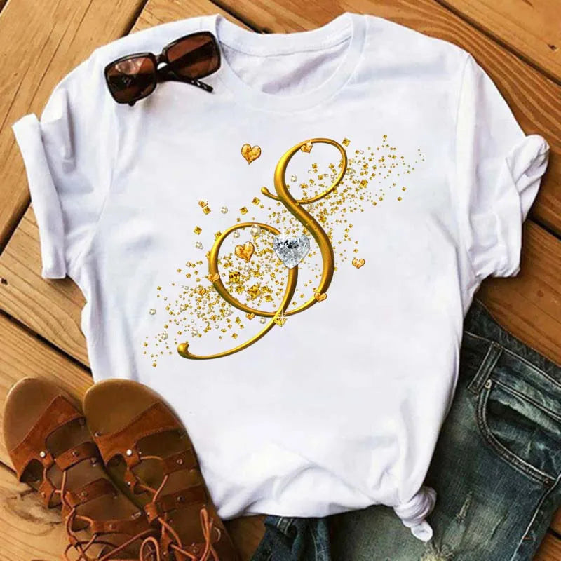 Custom Name Letter Combination Fashion Women T-shirt Diamond Gold Letter Font A B C D E F G Short Sleeve Tops Black T-shirt