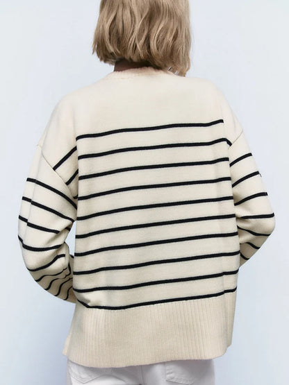 Shop Beige Stripe Baggy Sweater - Women's Long Sleeve Knitted Pullover for Autumn/Winter