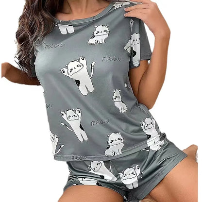 Women Pajamas Sleepwear Pajama Set Nightgowns Short Sleeve And Shorts Suit S M L Gray Cartoon Kitten Print Casual Comfortable