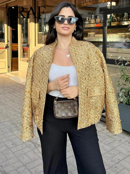 Shop Women's Gold Sequin Jacket - Stand Collar, Long Sleeve, Short Coat for Autumn/Winter