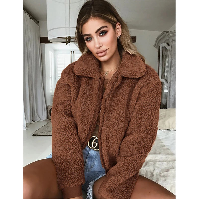 Shop Women's Teddy Fleece Hoodie - Casual Zipper Lapel Coat