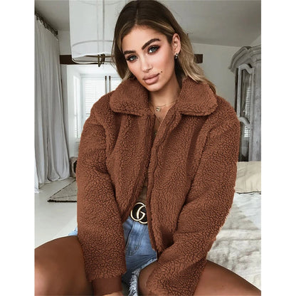 Shop Women's Teddy Fleece Hoodie - Casual Zipper Lapel Coat