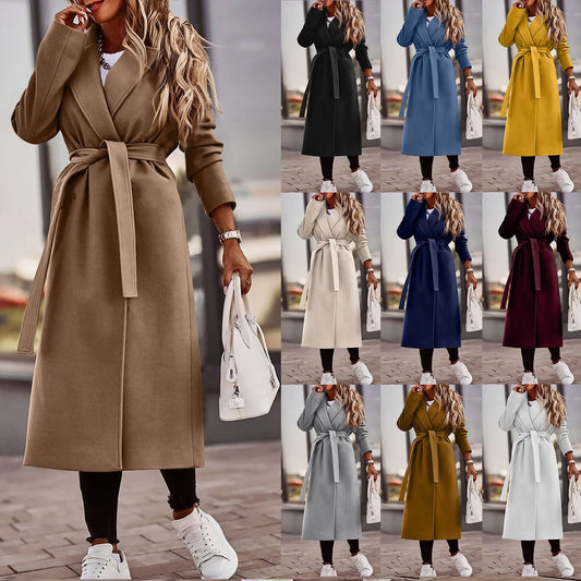 Amazon Cross-border Women's Autumn/winter Solid Color Lapel Long Sleeve Woolen Jacket Simple Tied Windbreaker