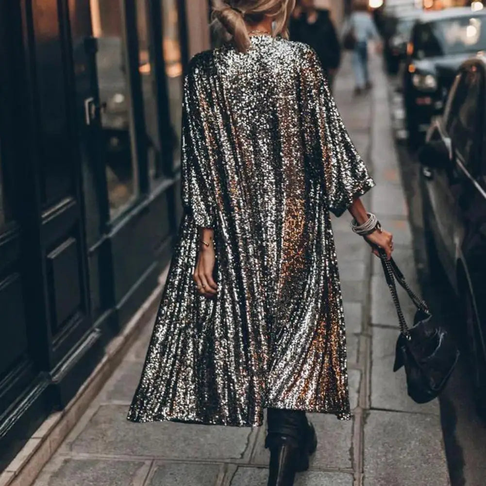 Classic Gown Cape Skin-touch Cardigan Coat No Buttons Party Shiny Glitter Coat Outerwear  Windproof