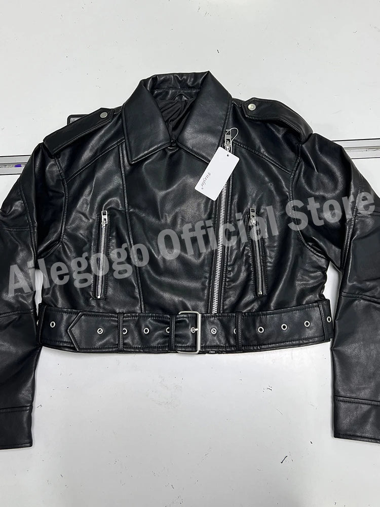 Shop Women's Faux Leather Biker Jacket with Belt - Spring/Autumn