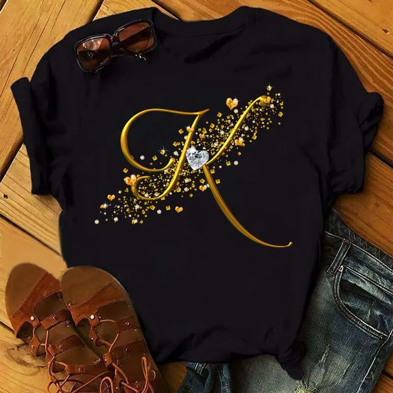 Custom Name Letter Combination Fashion Women T-shirt Diamond Gold Letter Font A B C D E F G Short Sleeve Tops Black T-shirt