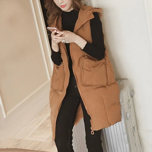 Women Waistcoat  Solid Color Long Waistcoat Hooded Sleeveless Zipper Placket Vest Coat Cotton-padded Front Zipper Women Vest