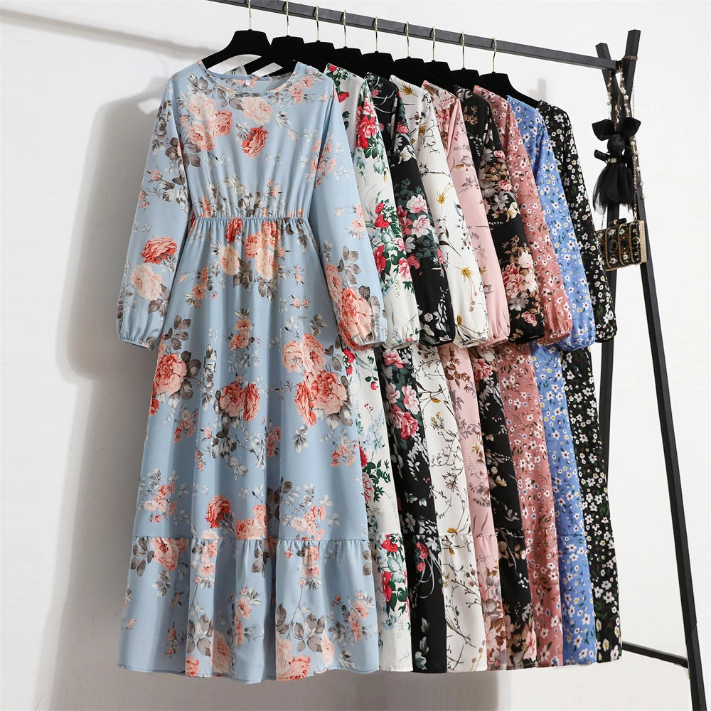 Spring Summer Women Maxi Dresses Casual Full Sleeve Floral Printed O-neck Woman Bohe Beach Party Long Dress Mujer Vestidos