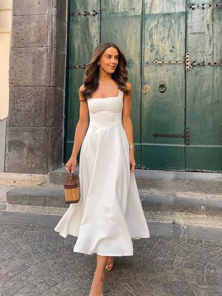 Fashion Solid Long Denim Vestidos Women Sleeveless OffShoulder Lace Up Backless Square Neck Jeans Dresses 2025 Chic Street Wear