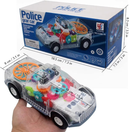 Light Up Transparent Gears Police Car Toy for Kids Bump and Go Toy Car for Boys Girl Educational Baby Toys Car Music LED Effects