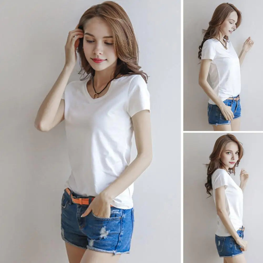 Women T-shirt V-neck Short Sleeve Slim Fit T-shirt Solid Color Pullover Tops Stretchy Bottoming Shirt Women Blouse Streetwear