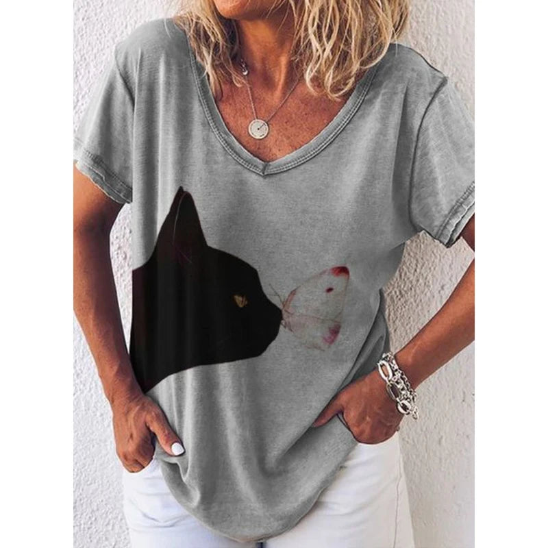 Fashion Woman Blouses 2022 T-shirt Women's 3d Cats Print Black Kawaii V-neck T Shirt Female Clothing Oversized Summer Tops Tees