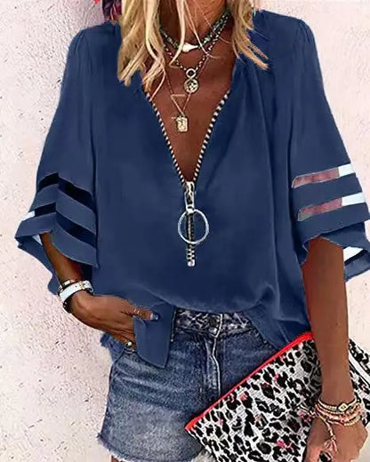 Women's Casual Loose V-neck Half-flat Sleeve Blouse 2025 Spring Summer Tops Streetwear Ladies Spliced zipper Solid Shirts