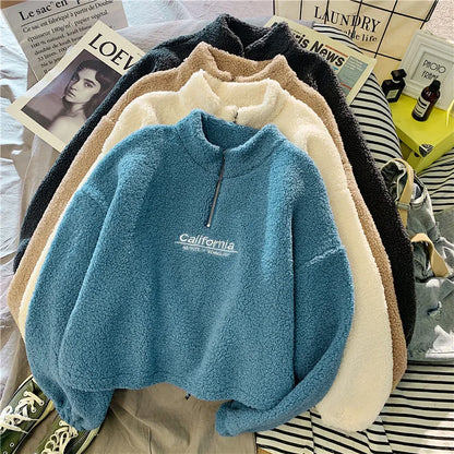 Shop Women's Fleece Cropped Hoodie - Embroidered Stand Neck Sweatshirt