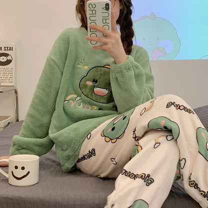 Shop Cozy Dinosaur Print Flannel Sleepwear Set for Women - Long Sleeve & Warm