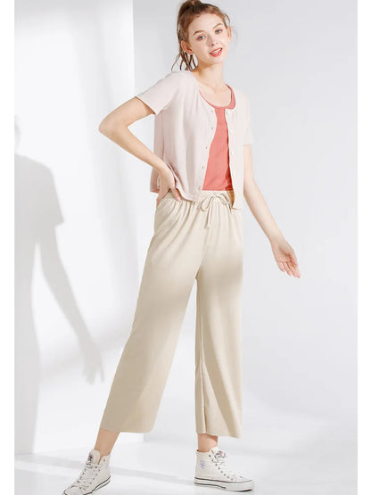 Women Ankle-Length Wide Leg Pants Casual Summer Solid Elastic Waist Loose Ice Silk Pants Spring Summer Female Trousers