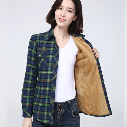 Shop Women's Warm Plaid Shirt Coat - Casual Fleece Velvet Jacket