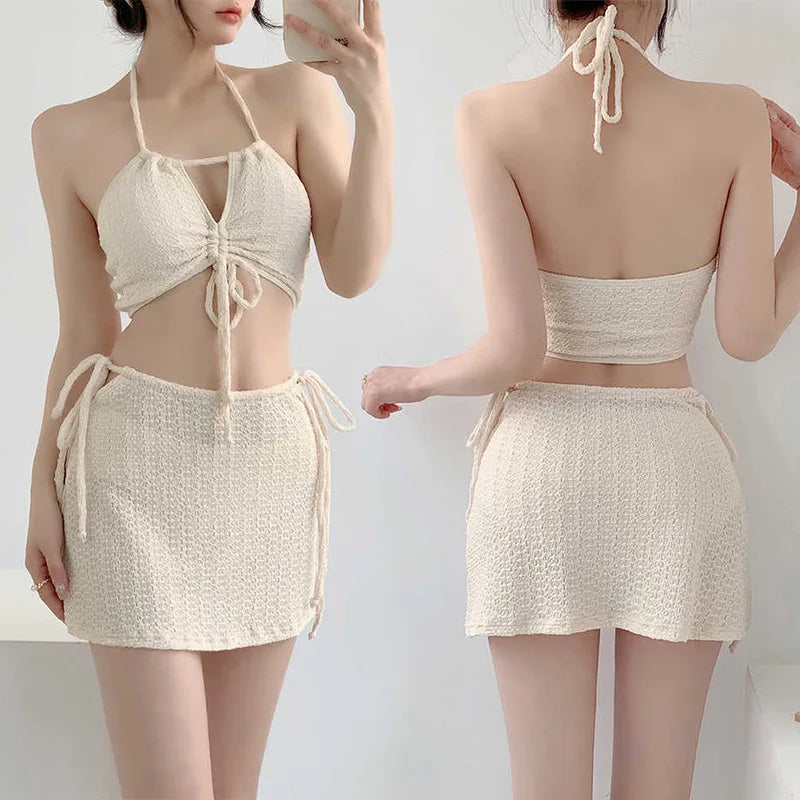 Fashion Sexy Ribbed Halter Bikinis Set Three Pieces Sets Drawstring Tie Swimsuit with Mini Skirt Swimwear Beach Wear
