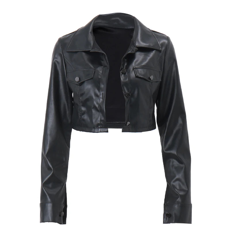 Shop Autumn Faux Leather Short Jacket - Turn-down Collar, Button Decor, Grunge Street Style