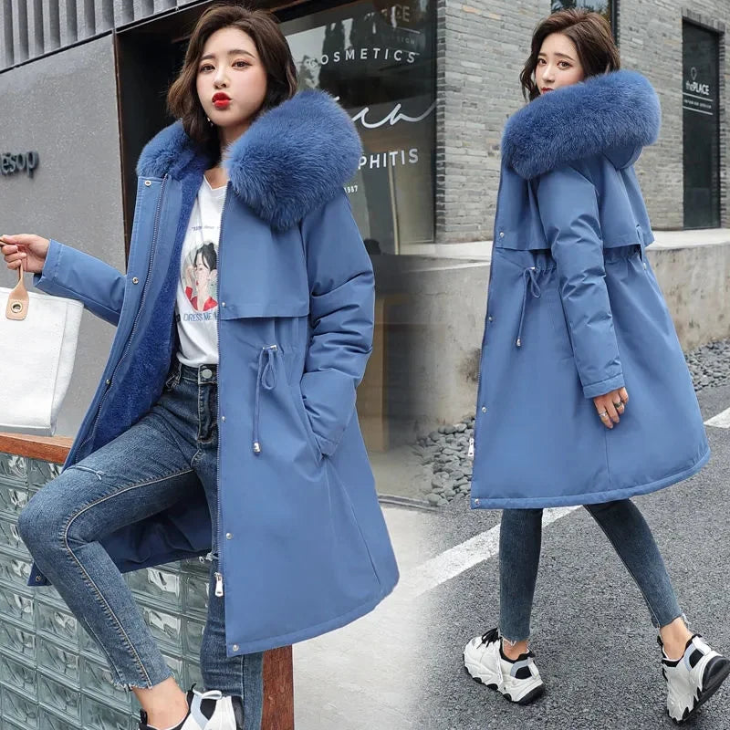 Women Parka Winter Jacket Clothes Long Coat Thick Wool Liner Hooded Jacket Fur Collar Thick Warm Snow Wear Fashion Padded Coat