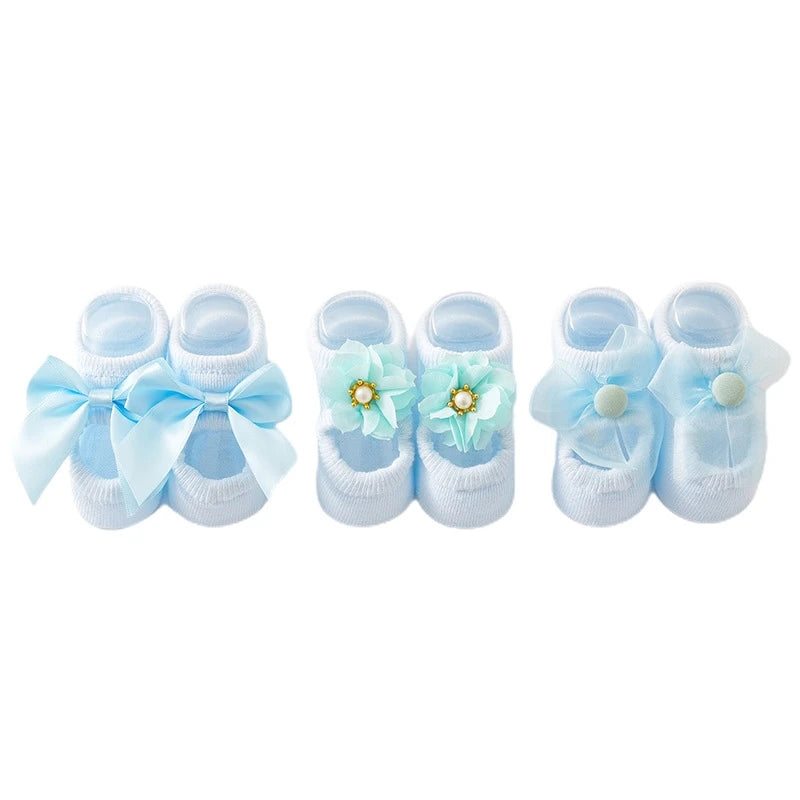 3 Pairs Baby Girl Ankle Socks Lace Bow Infant Anti Slip Socks Newborn Princess Pearl Low Cut Socks Children Home Floor Shoes
