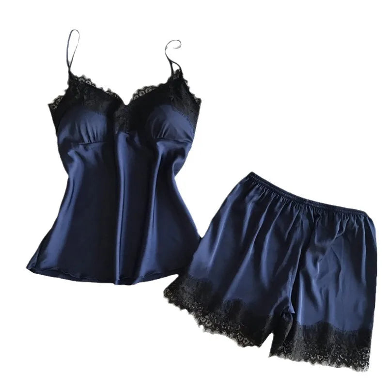 Women V-Neck Satin Lace Babydoll Pajama Set Sleepwear