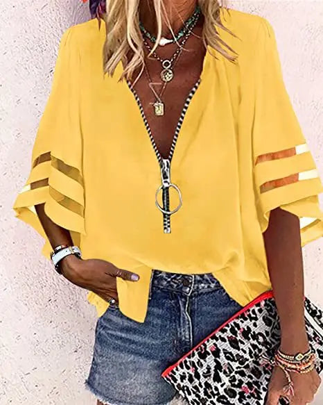 Women's Casual Loose V-neck Half-flat Sleeve Blouse 2025 Spring Summer Tops Streetwear Ladies Spliced zipper Solid Shirts