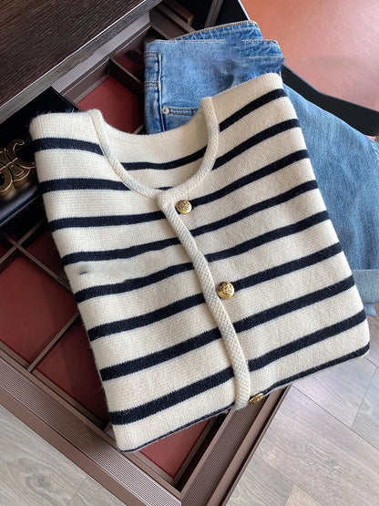 Shop Trendy O-neck Striped Knit Cardigan - Women's Casual Long Sleeve Top