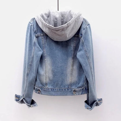 New 2024 Spring Autumn Denim Jacket Women's Long Sleeve Hooded Clip-on Women's Cropped Top Student Cropped Denim Jacket